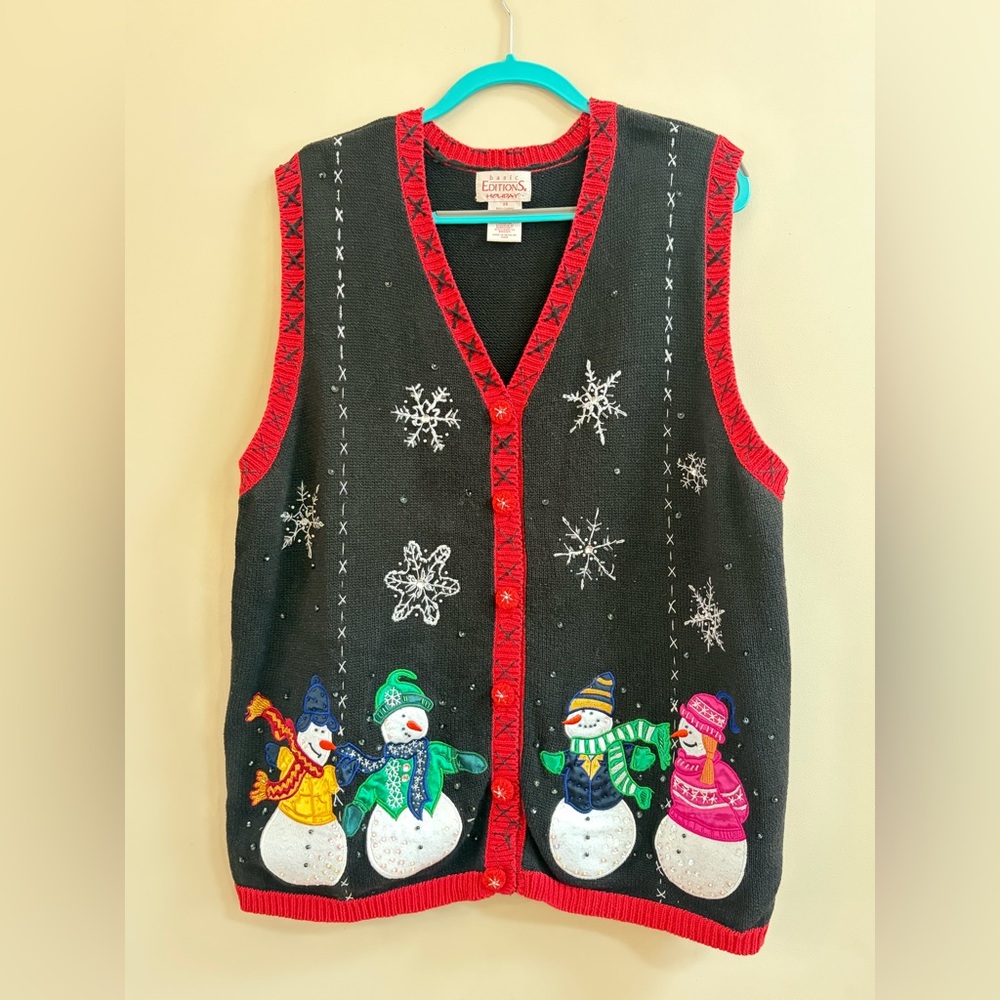 Basic Editions Vintage Winter Holiday Snowmen Snowwomen Beaded Knit Sweater Vest